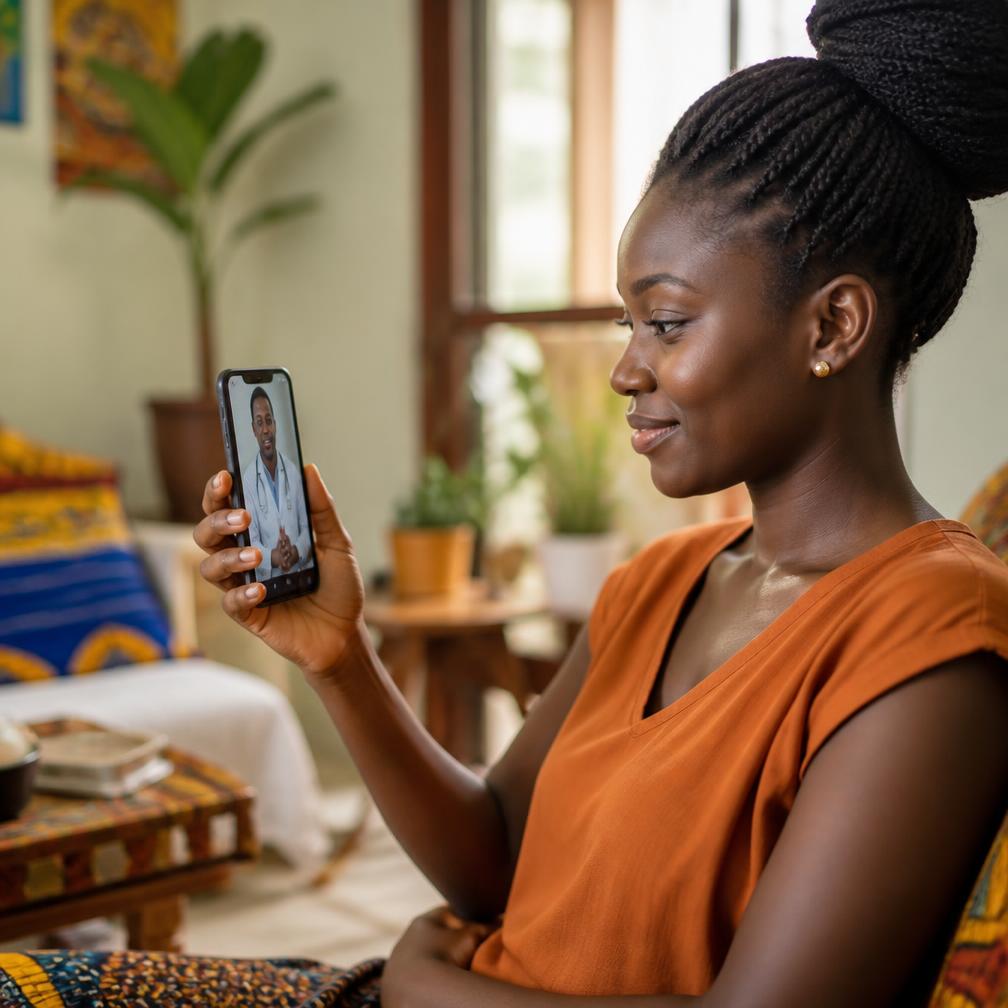 Patiente en téléconsultation sur smartphone